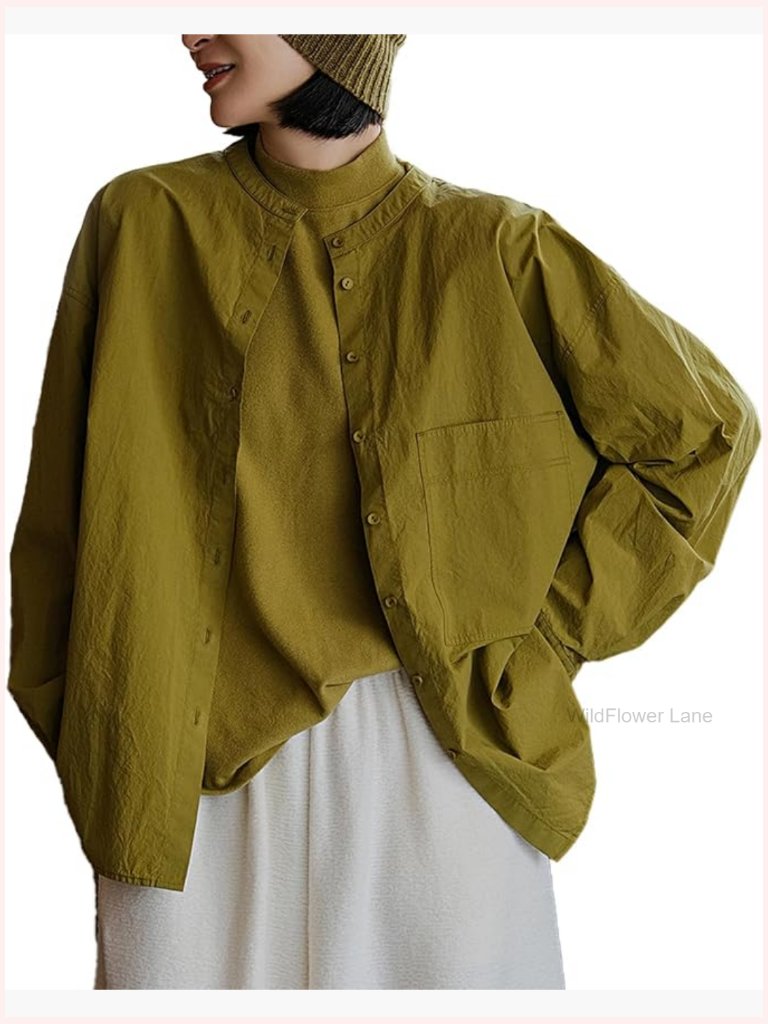 Mandarin Collar Oversized Cotton Boyfriend Button Down Blouse